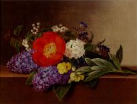 Johan Laurentz Jensen - Lilacs Violets Pansies Hawthorn Cuttings And Peonies On A Marble Ledge